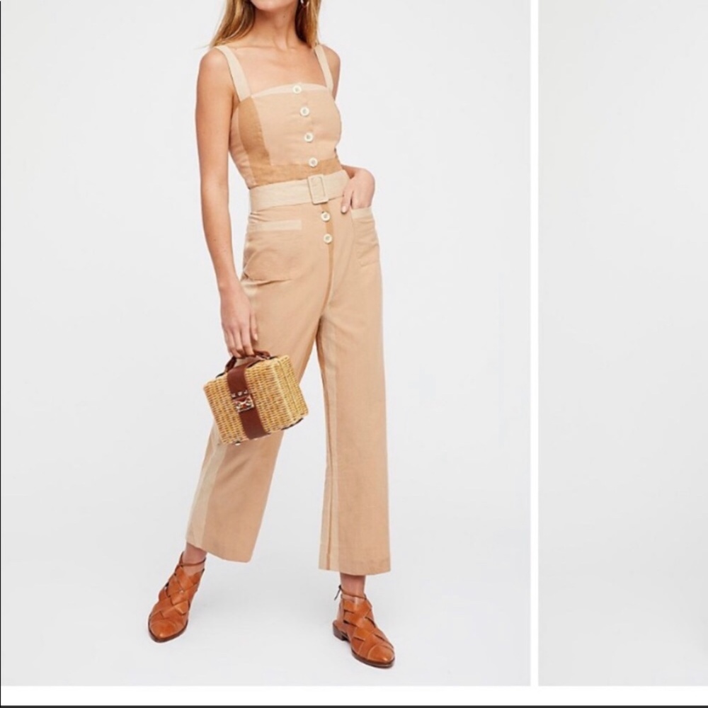 Free People Tan Button-Front Jumpsuit with Belt